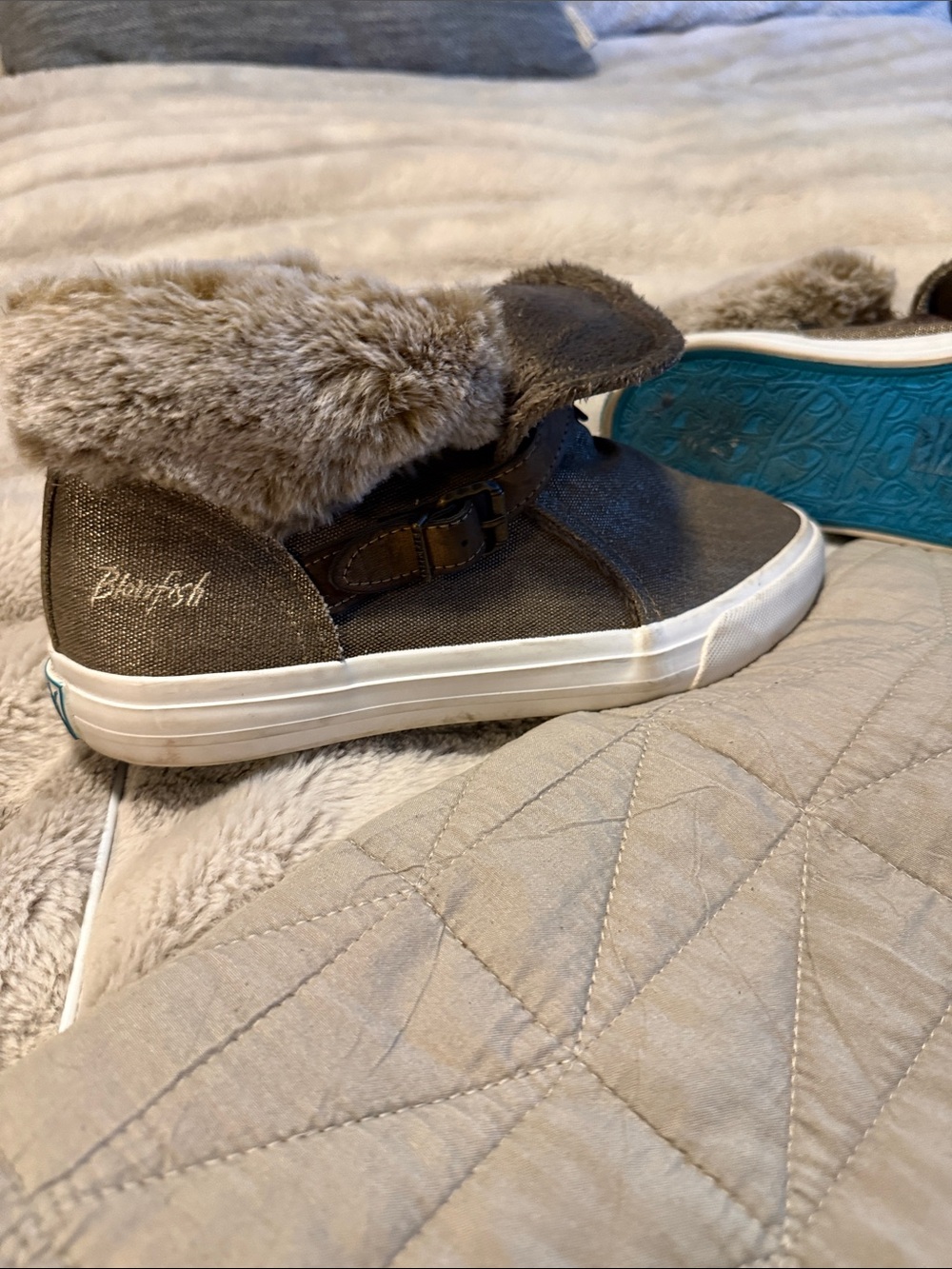 Blowfish Women's Gray Faux Fur High-Top Slip-On Sneakers with Buckle